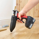 Close-up of a Power Adhesives Knottec 808-12 glue gun applying adhesive to a wooden floor.