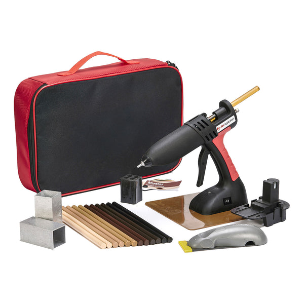 Power Adhesives Knottec repair kit, including a cordless hot glue gun, adhesive sticks, heat sync blocks, a Mouseplane, and a carrying case.