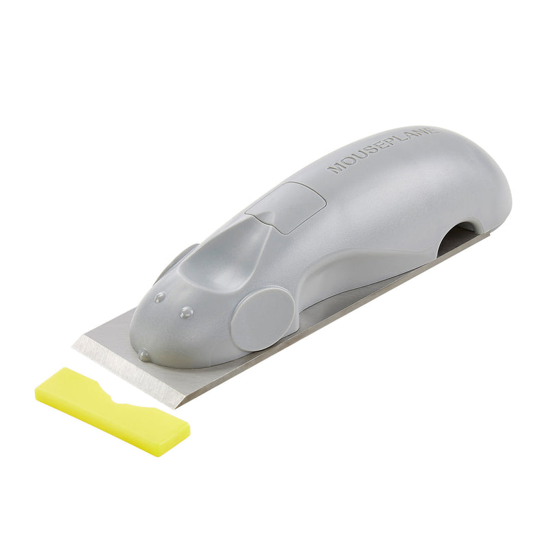 Mouseplane ergonomic shaping tool with a silver body and a sharp metal blade, used for smoothing wood repairs.